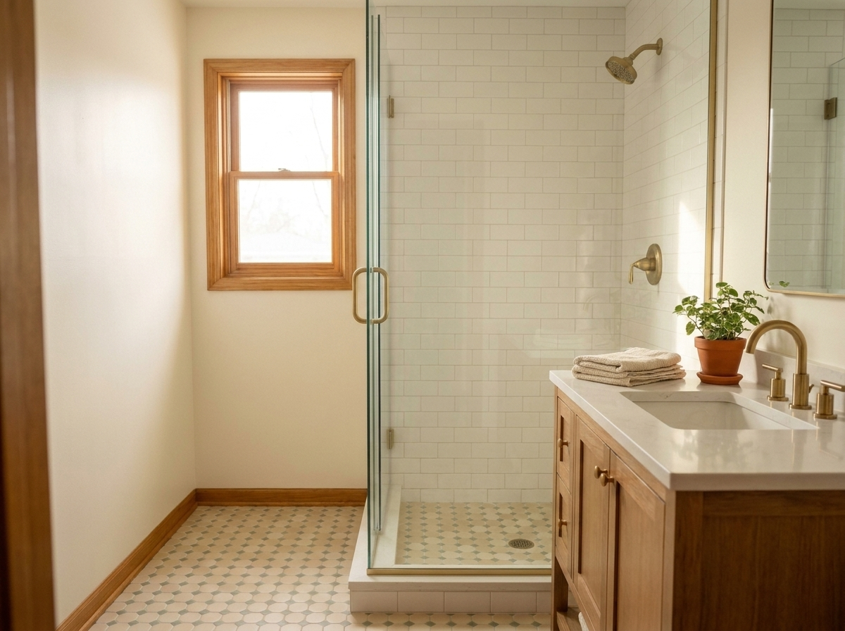 A bathroom with polished fixtures and scrubbed tile