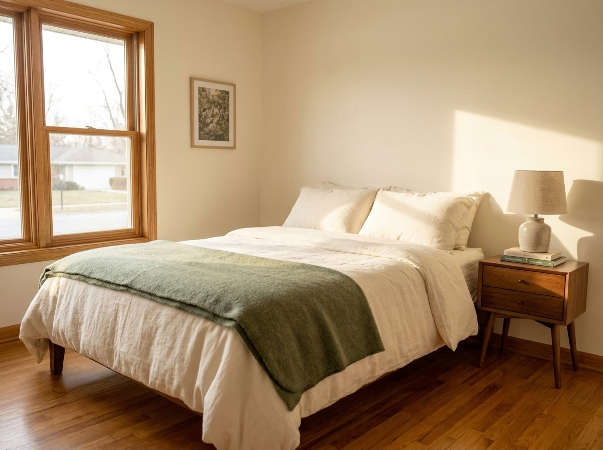 A neatly made bed and a clean floor