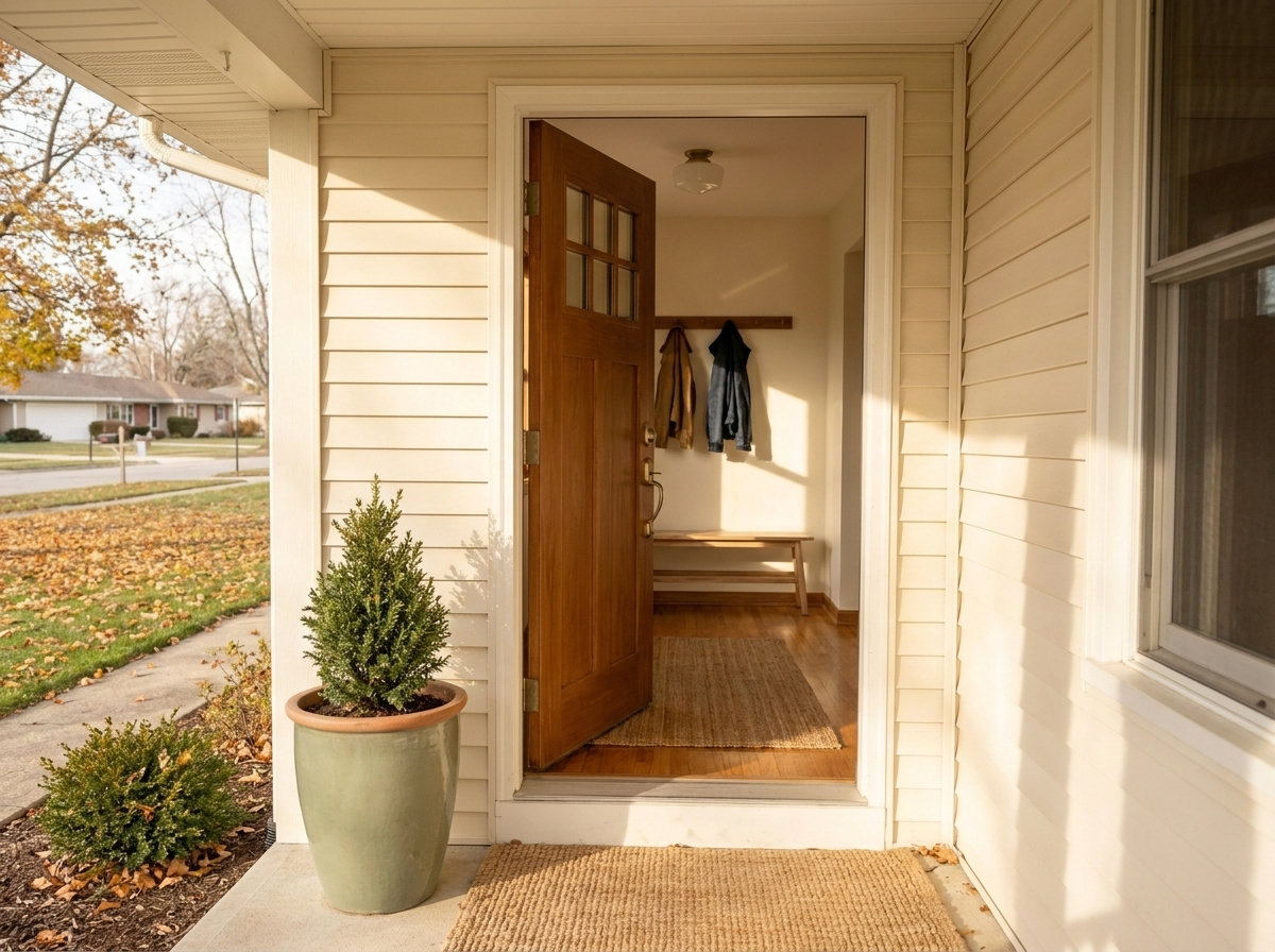 The entry of a home with clean floors and wiped baseboards