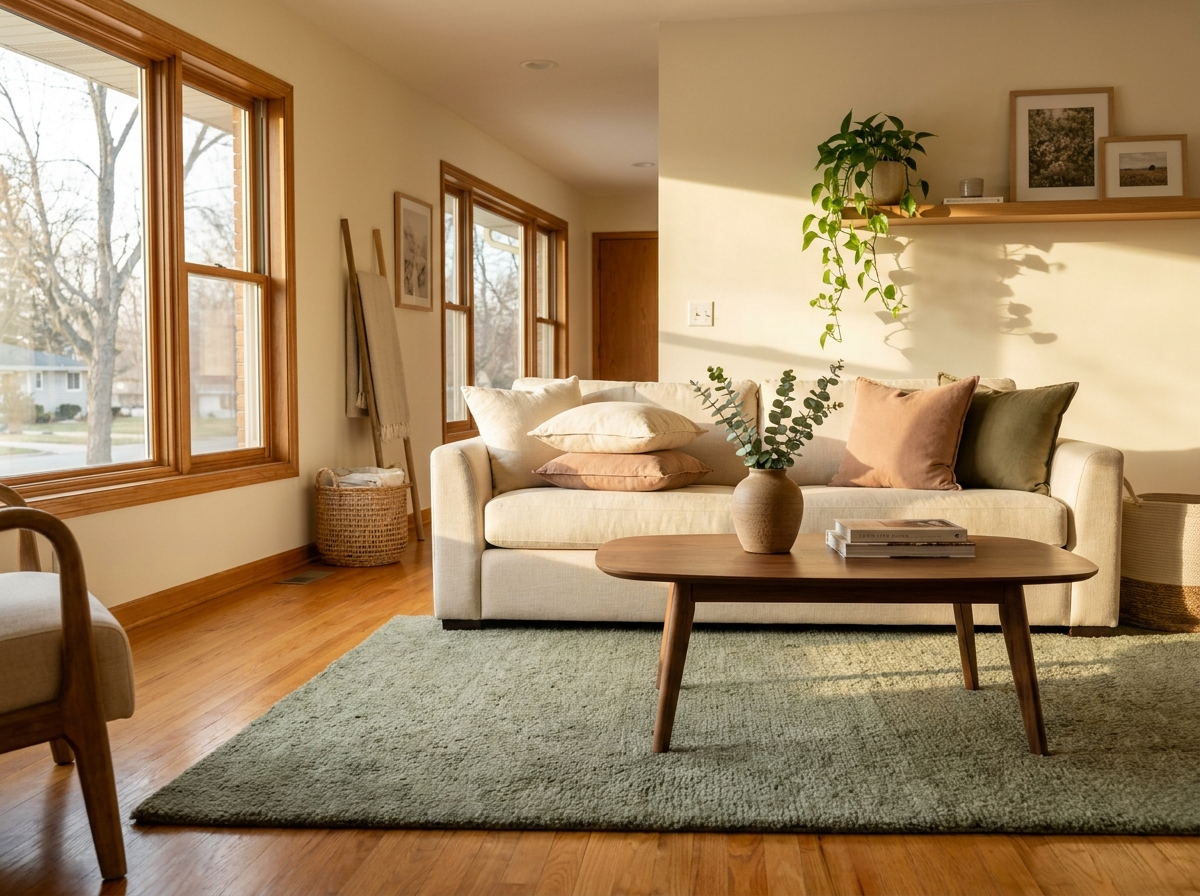 A living room with dusted surfaces and a vacuumed rug