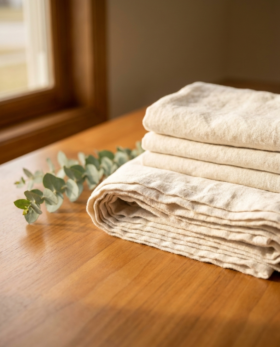 A stack of freshly folded linen towels